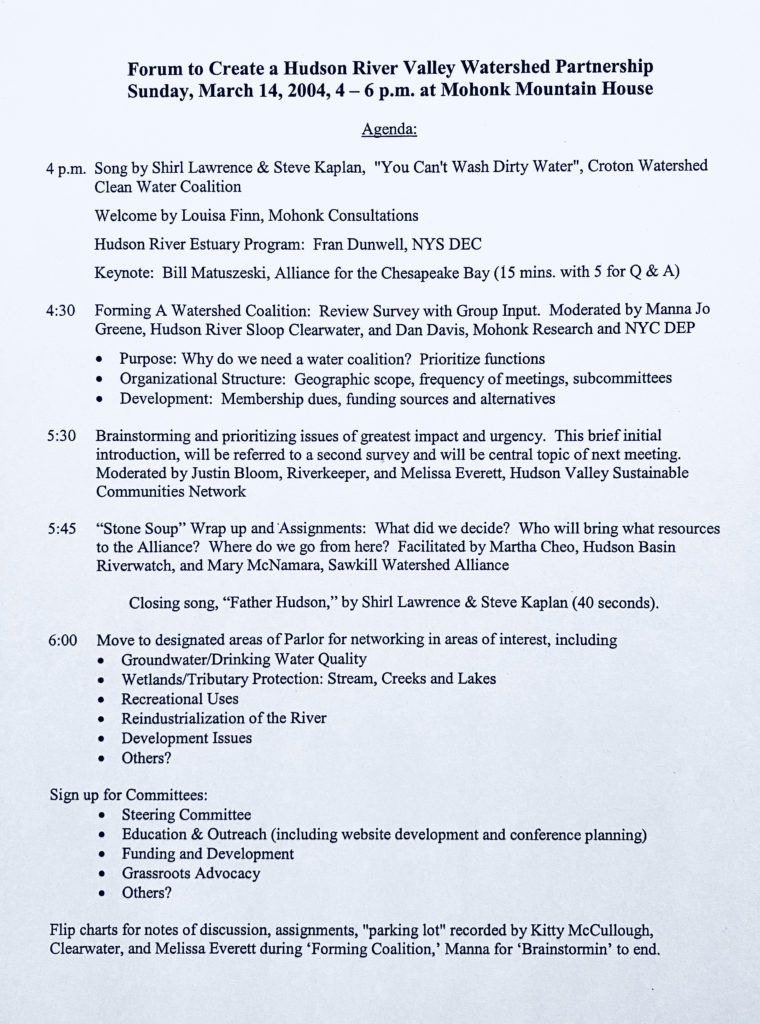 Agenda for March 2004 Conference on forming a Hudson River Watershed Alliance
